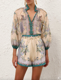 Zimmermann Top Indra Billow Blouse, Cream Scarf Floral Soho-Boutique