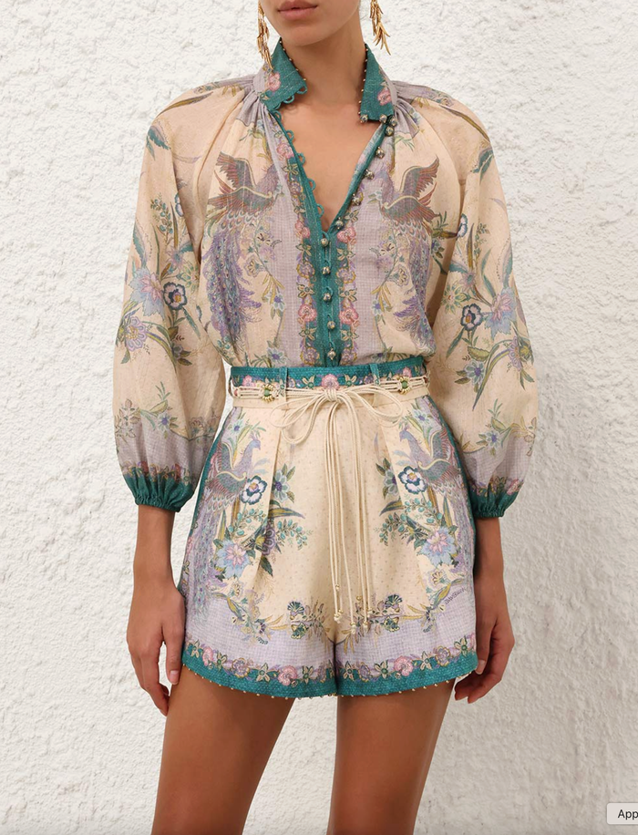 Zimmermann Top Indra Billow Blouse, Cream Scarf Floral Soho-Boutique