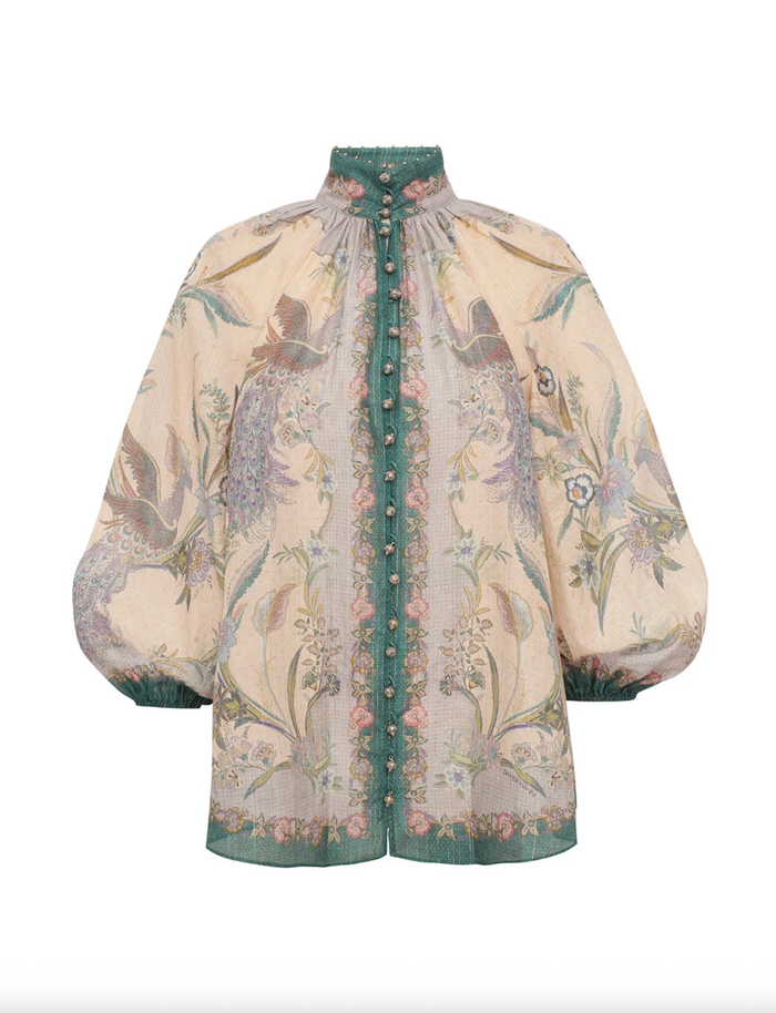 Zimmermann Top Indra Billow Blouse, Cream Scarf Floral Soho-Boutique