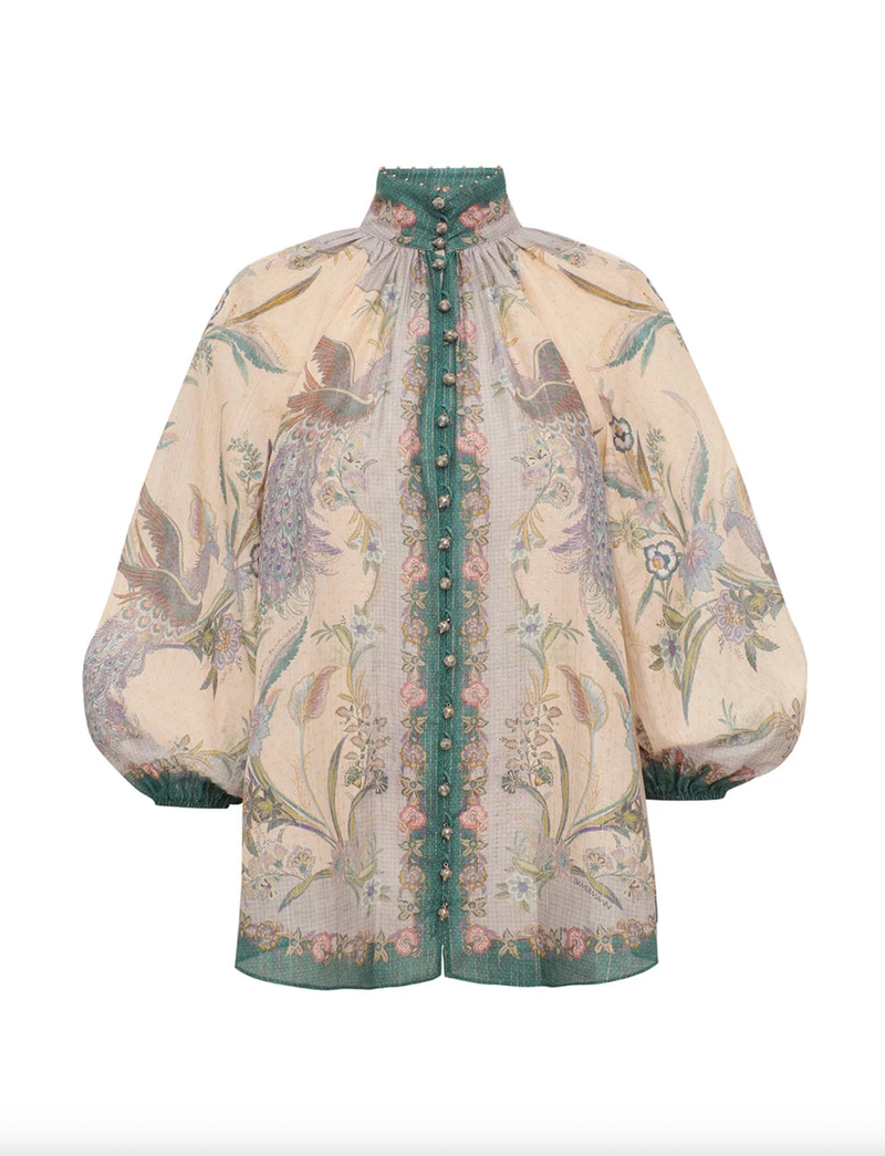 Zimmermann Top Indra Billow Blouse, Cream Scarf Floral Soho-Boutique