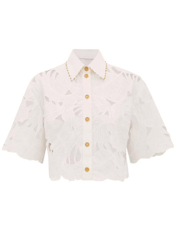 Zimmermann Top Mahon Embroidered Crop Shirt, Ivory Soho-Boutique