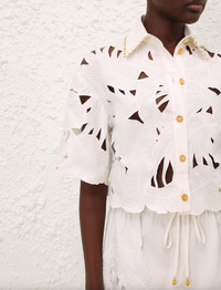 Zimmermann Top Mahon Embroidered Crop Shirt, Ivory Soho-Boutique