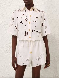 Zimmermann Top Mahon Embroidered Crop Shirt, Ivory Soho-Boutique
