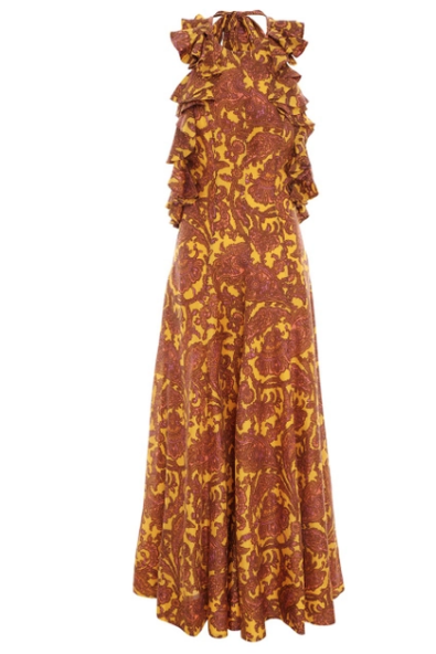 Zimmermann Dress Tiggy Halter Long Dress, Yellow/Peach Paisley Soho-Boutique